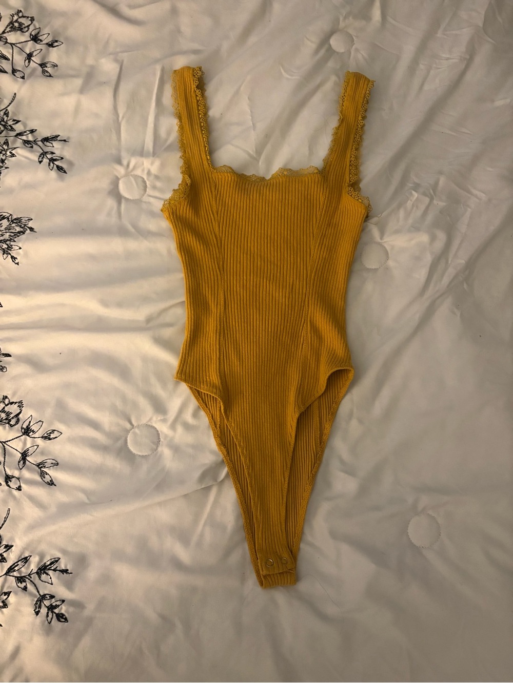 Mustard Ribbed Lace-Trim One-Piece